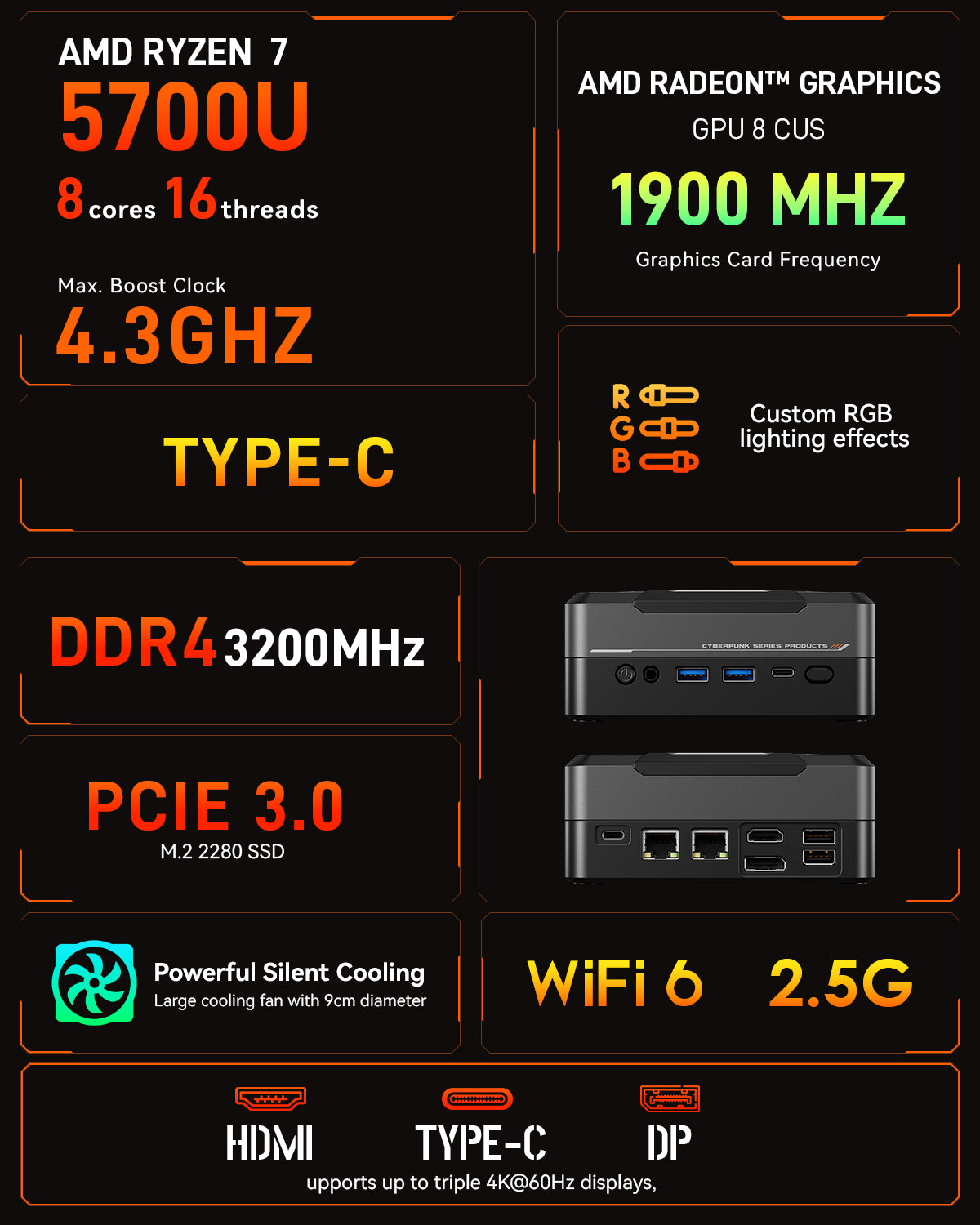 AOOSTAR GOD57 Cyber AMD Ryzen 7 5700U RGB Mini PC with 8C/16T.up to 4.3GHz）with Windows 11 PRO DDR4 16GB/32GB + 512GB/1T NVME SSD