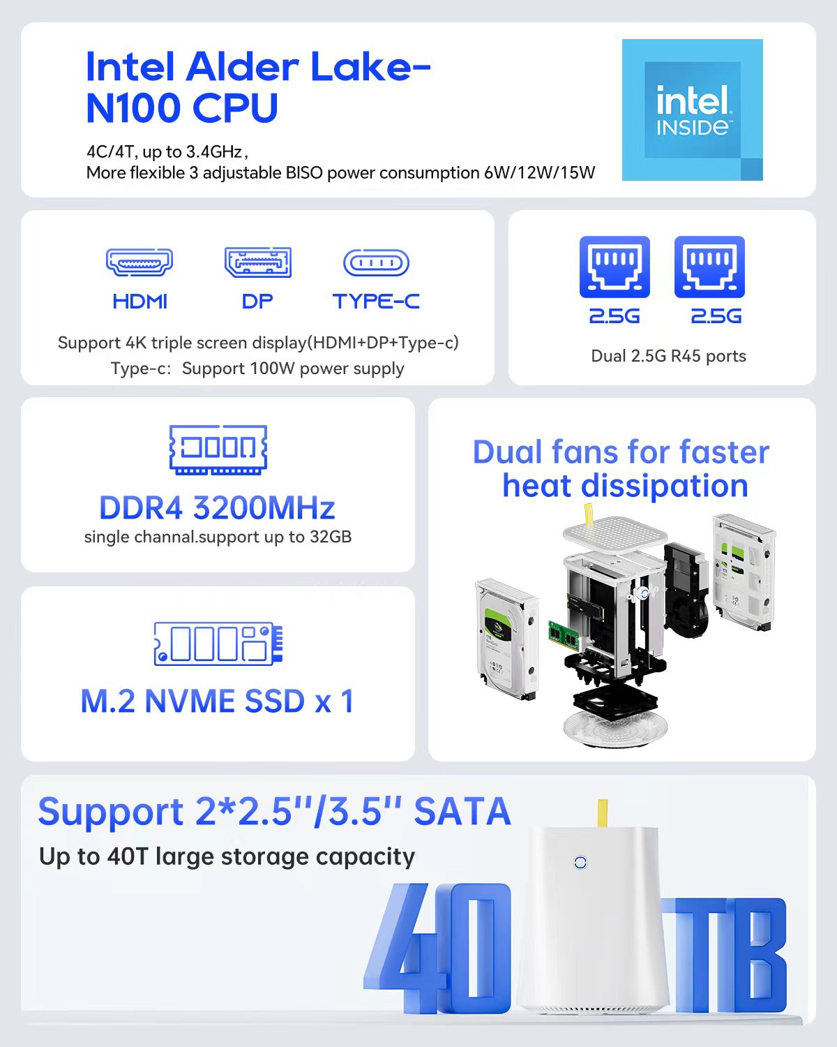 AOOSTAR R1 2 Bay 40T Storage Nas Intel N100 Mini PC with W11 PRO DDR4