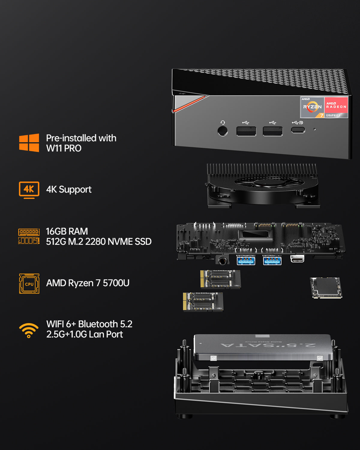 AOOSTAR MN57 AMD Ryzen 7 5700U Mini PC（8C/16T.up to 4.3GHz）with W11 PRO DDR4 16GB/32GB + 512GB/1T NVME SSD