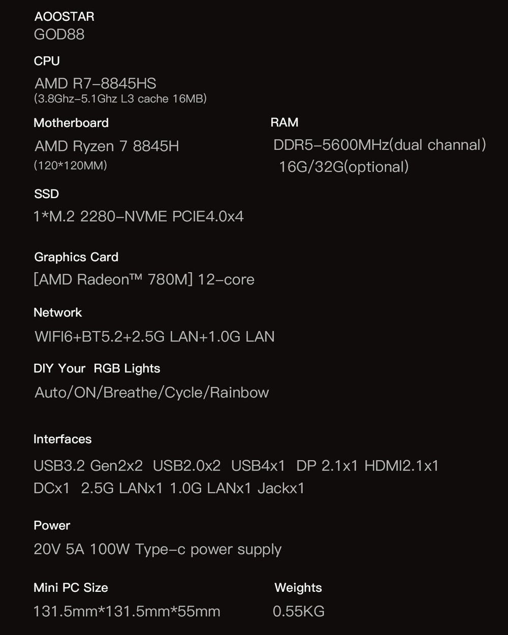 AOOSTAR GOD88 AMD Ryzen 7 8845HS（8C/16T,UP to 5.1GHz）with W11 PRO DDR5 32GB RAM+ 1T NVME SSD