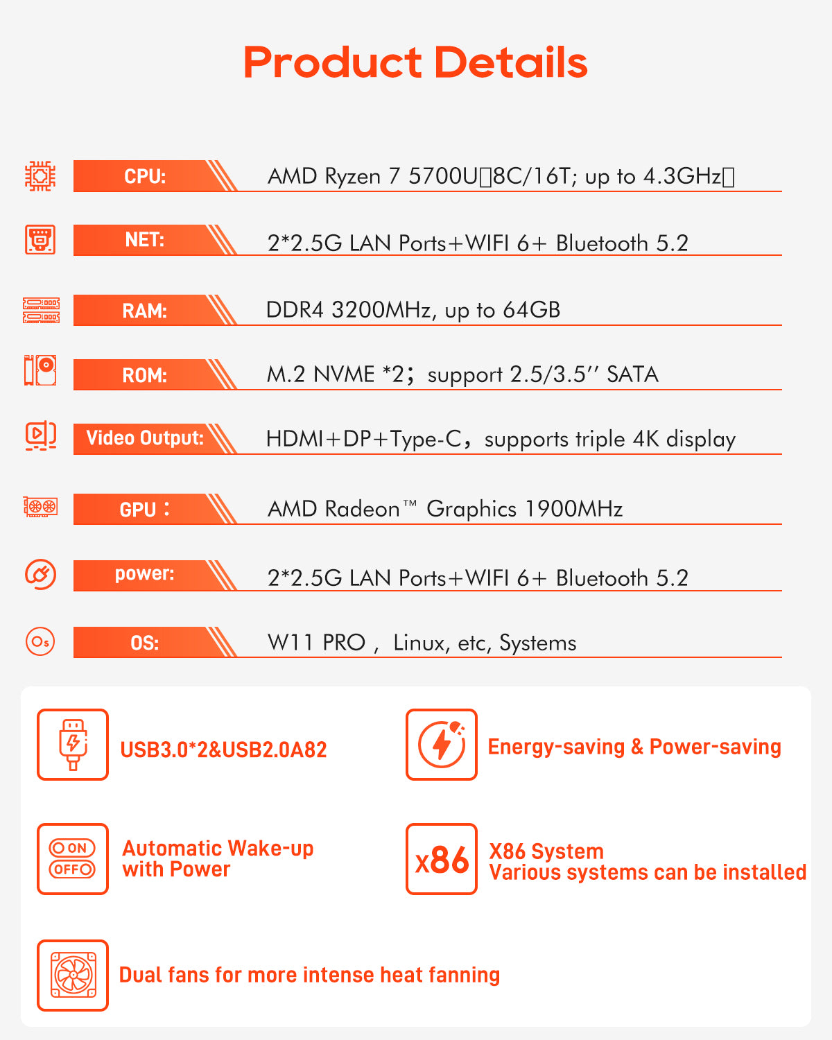 AOOSTAR MN57 AMD Ryzen 7 5700U Mini PC（8C/16T.up to 4.3GHz）with