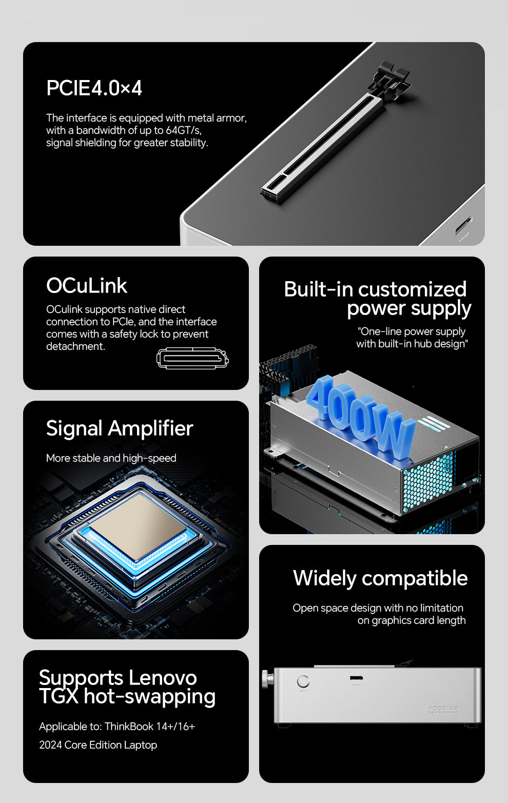 AOOSTAR AG01/ AG02 EGPU Dock with OCulink/USB4 Port，Built-in Huntkey 350-400W Power Supply, Supports TGX interface hot-swap